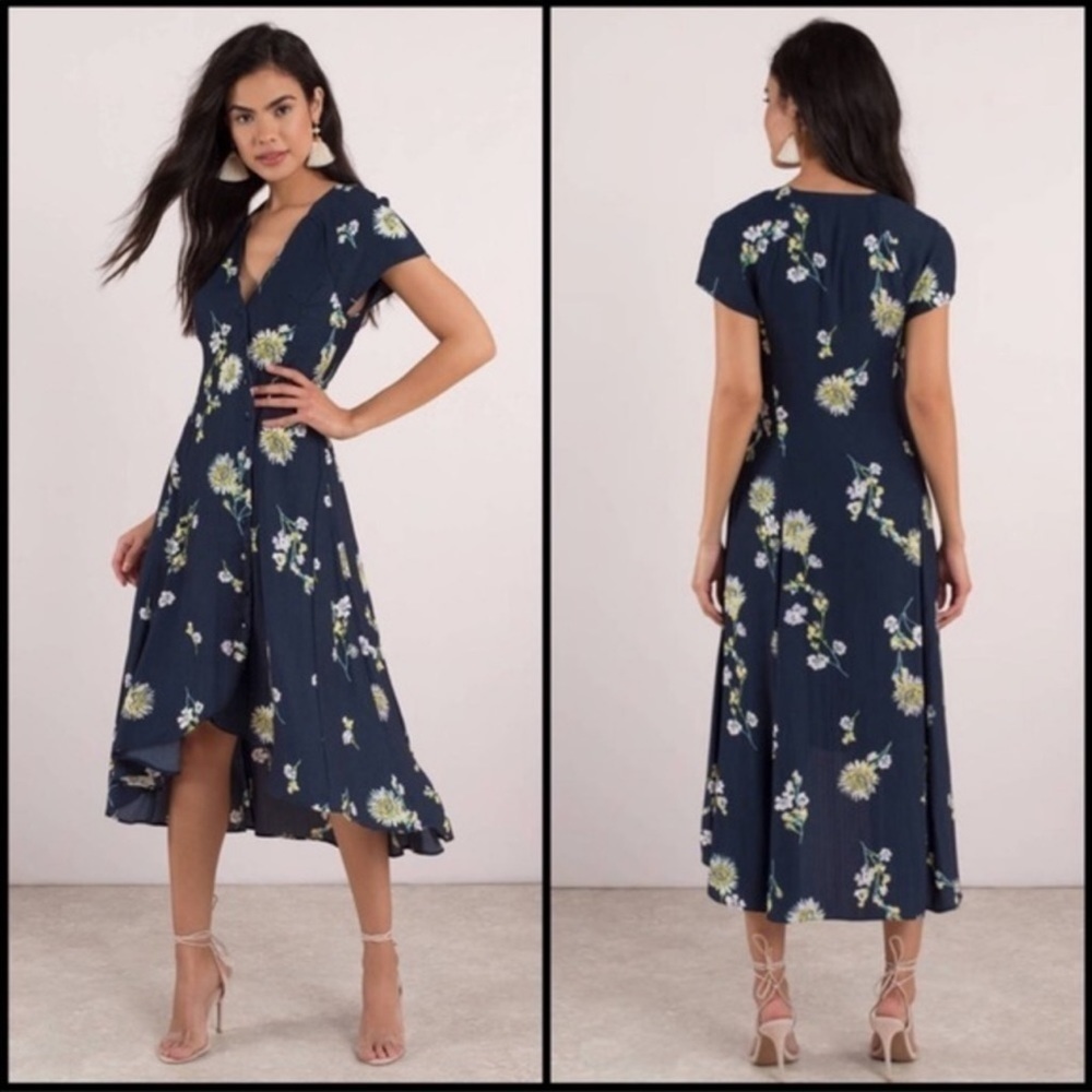 FREE PEOPLE Blue Floral V-Neck Short Sleeve Button Front Midi Dress Large - Picture 7 of 14